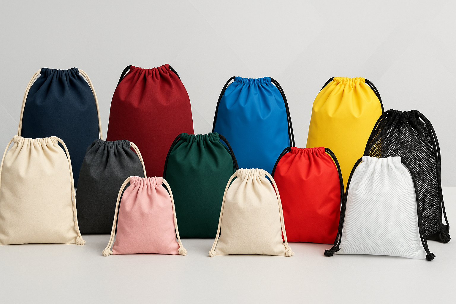 Generate Full size banner images with different types and Different Colors of Drawstring Bags