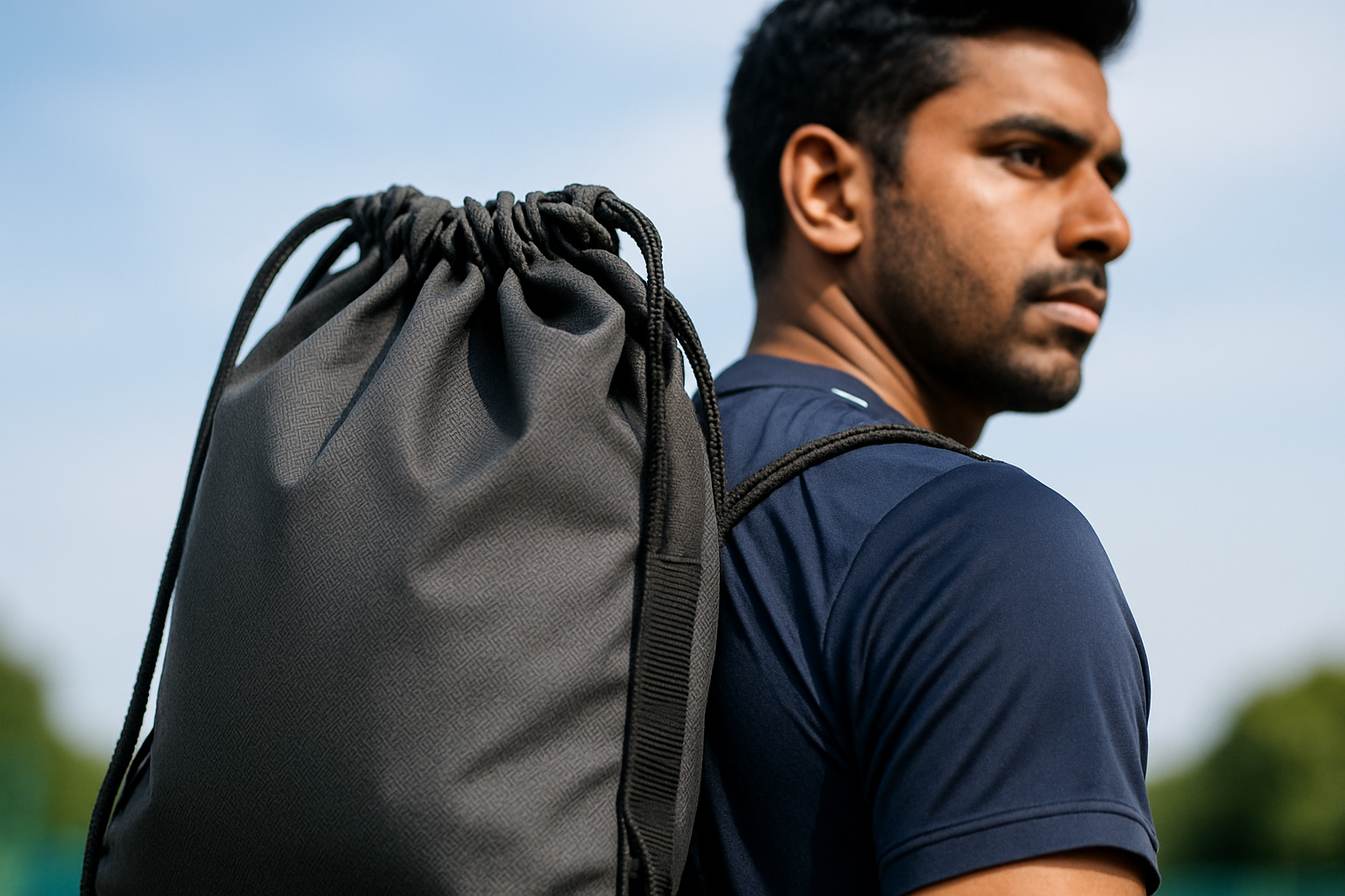 Indian Sport Man wearing Drawstring bag in his shoulder and camera angle should focus on bag