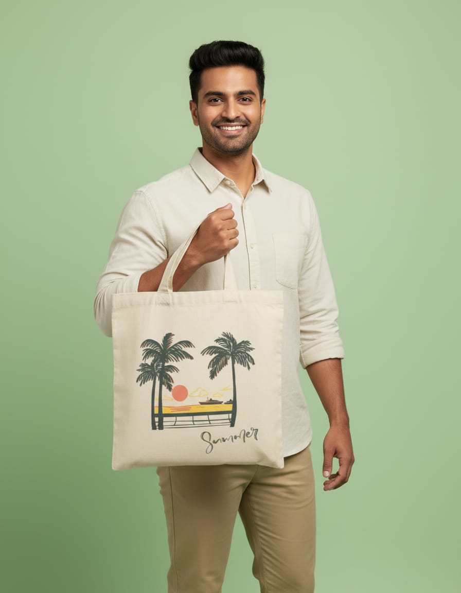 300 GSM Beige Color Cotton Canvas Zipper Closure Printed (Beach Sunshine) Tote Bag