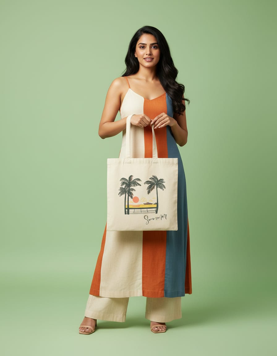 300 GSM Beige Color Cotton Canvas Zipper Closure Printed (Beach Sunshine) Tote Bag