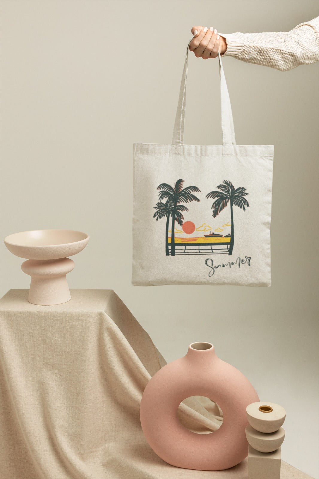 300 GSM Beige Color Cotton Canvas Zipper Closure Printed (Beach Sunshine) Tote Bag