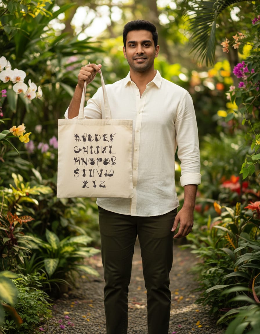 300 GSM Beige Color Cotton Canvas Zipper Closure Printed (A to Z Alphabet) Tote Bag