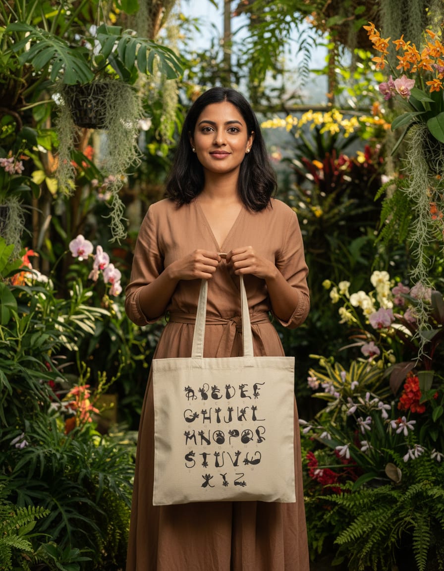 300 GSM Beige Color Cotton Canvas Zipper Closure Printed (A to Z Alphabet) Tote Bag