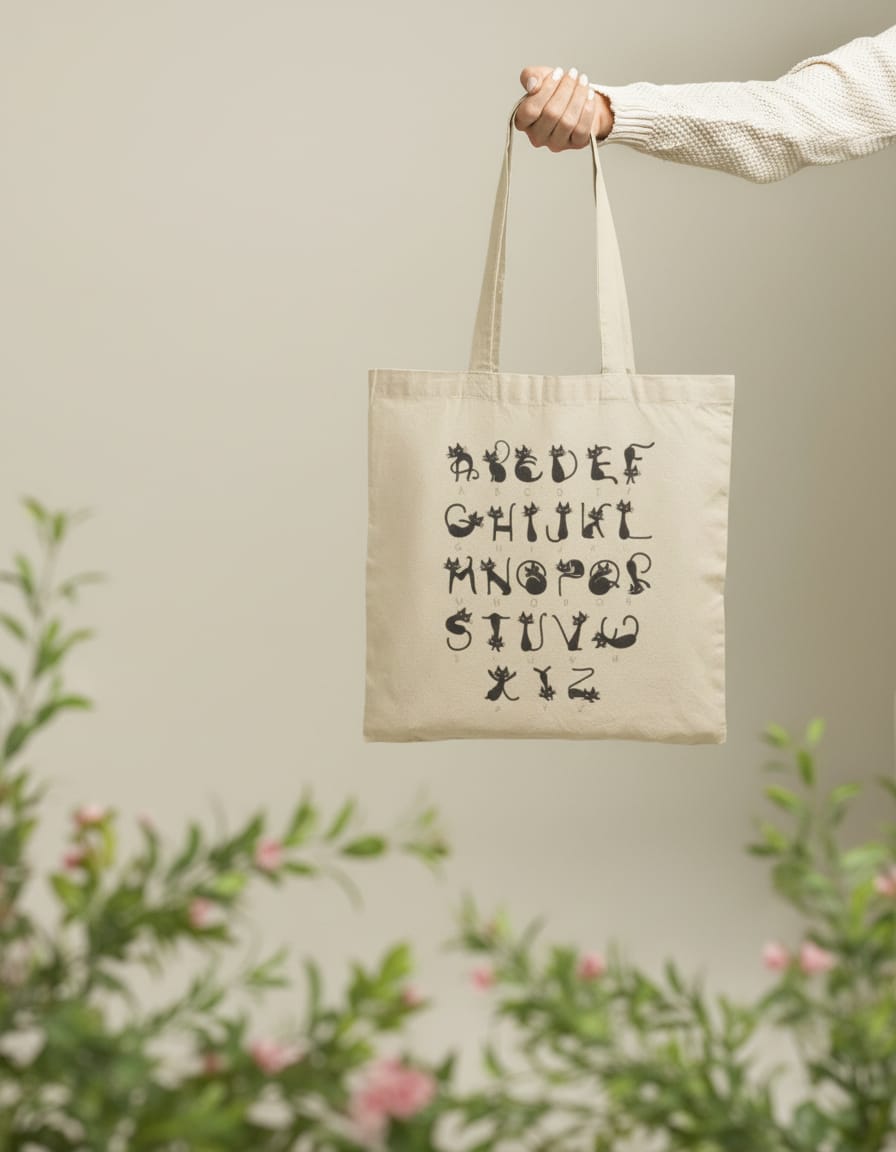 300 GSM Beige Color Cotton Canvas Zipper Closure Printed (A to Z Alphabet) Tote Bag