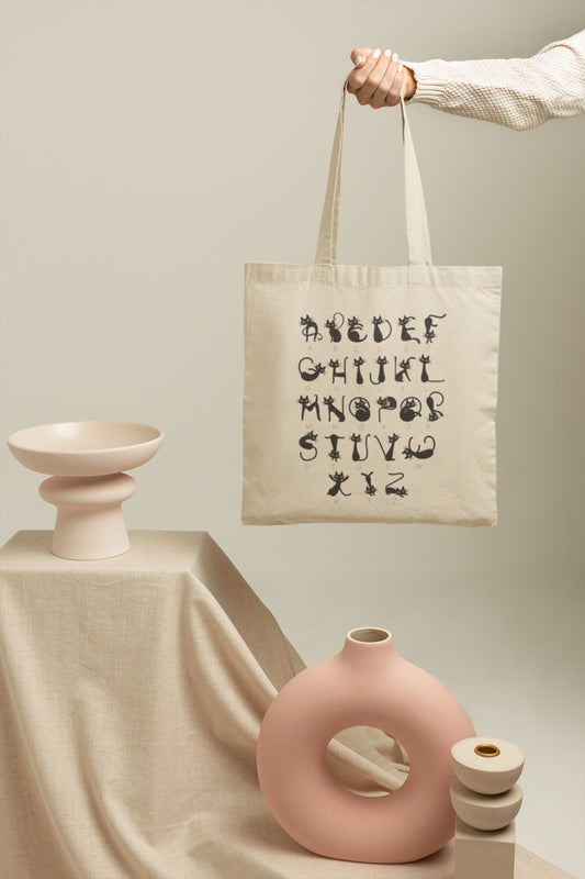 300 GSM Beige Color Cotton Canvas Zipper Closure Printed (A to Z Alphabet) Tote Bag