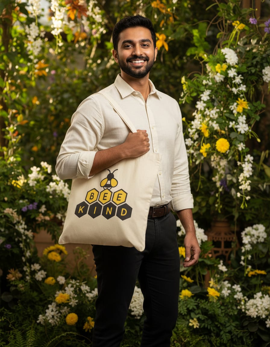 300 GSM Beige Color Cotton Canvas Zipper Closure Printed (BEE Kind) Tote Bag