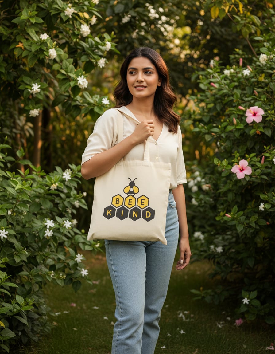 300 GSM Beige Color Cotton Canvas Zipper Closure Printed (BEE Kind) Tote Bag