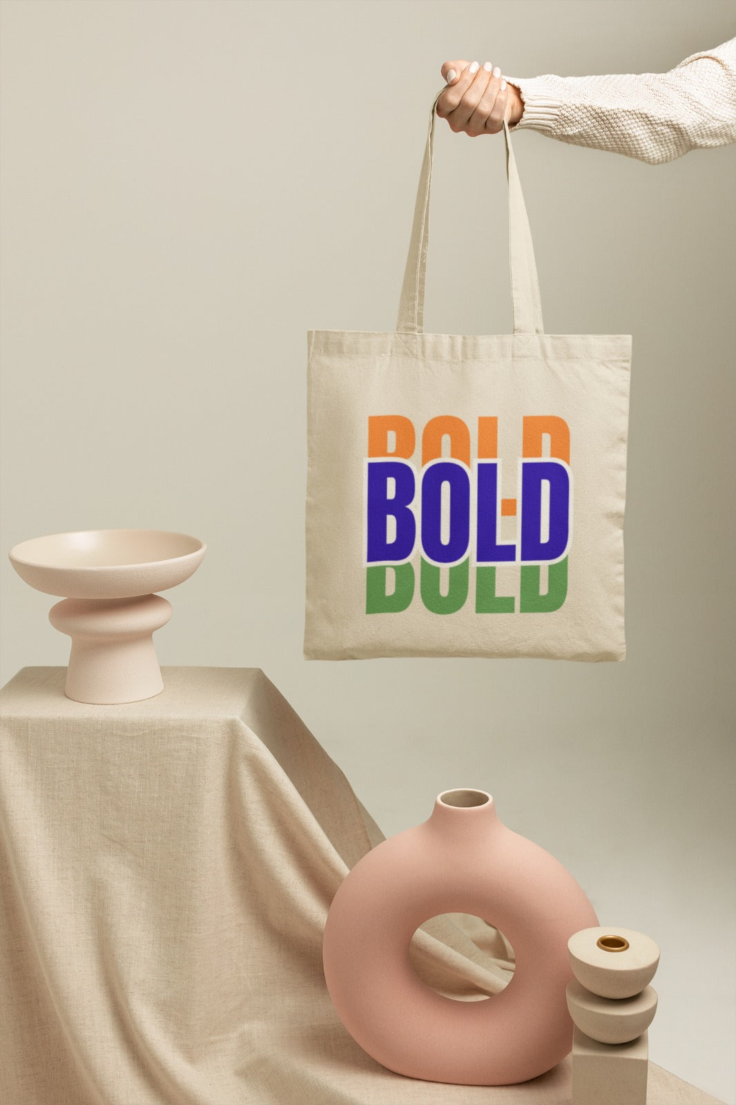 300 GSM Beige Color Cotton Canvas Zipper Closure Printed (BOLD) Tote Bag