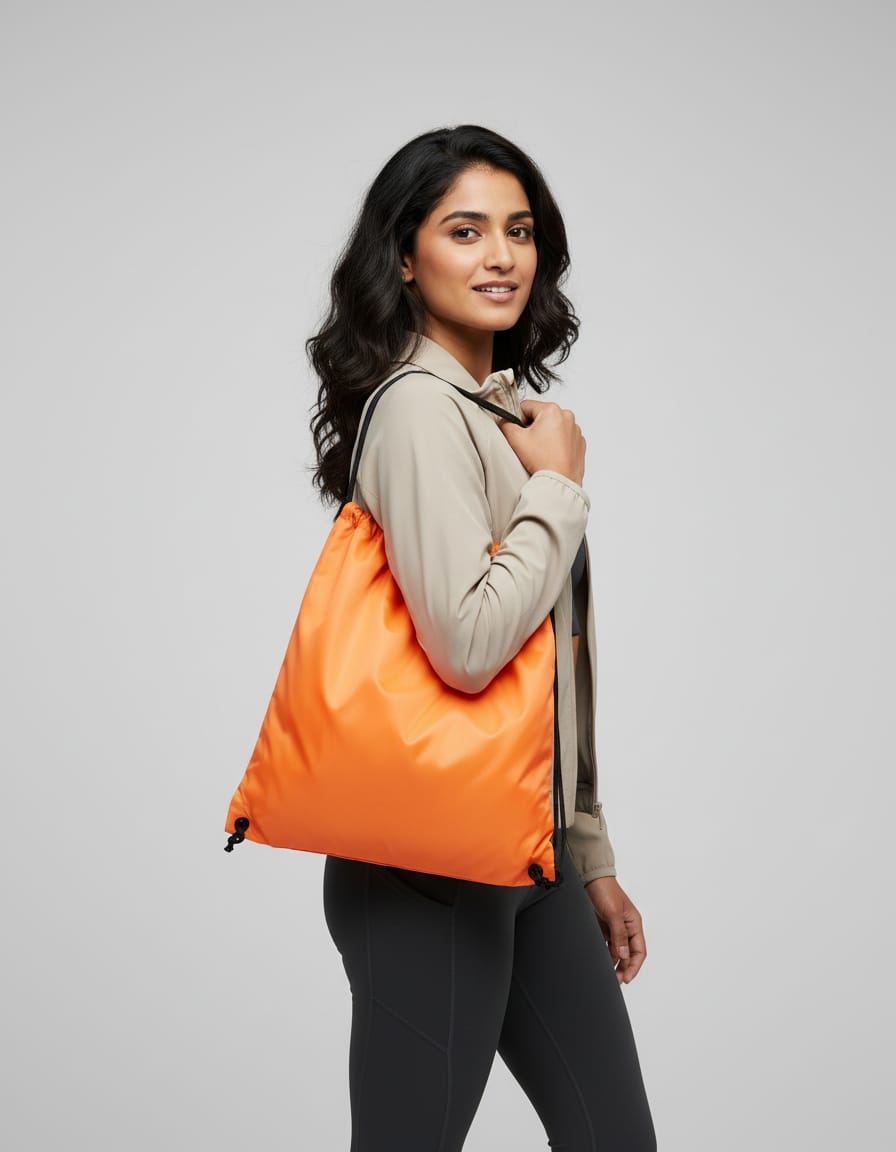 Polyester PU Raincoat Fabric Orange Color Plain Drawstring Bag