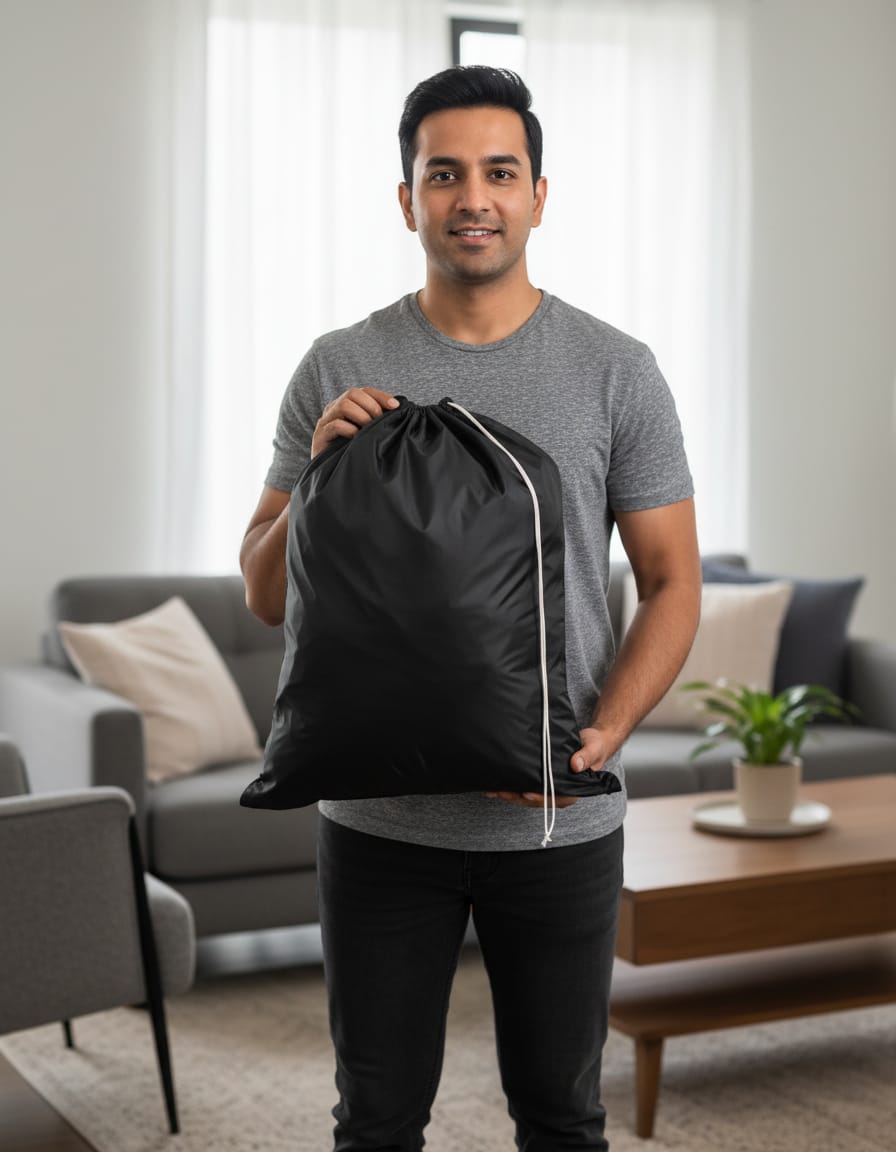 Black Polyester PU Raincoat Fabric Laundry Bag