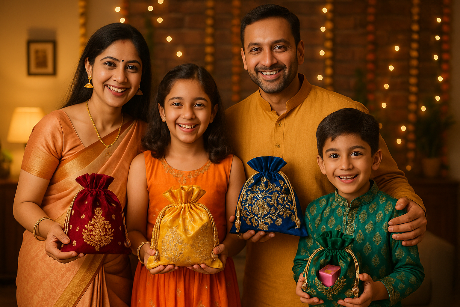 Family holding Potli bags for gifting purpose