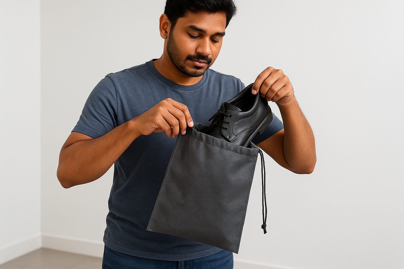 India Man using non-woven shoe carry drawstring bag to put his shoe inside the page
