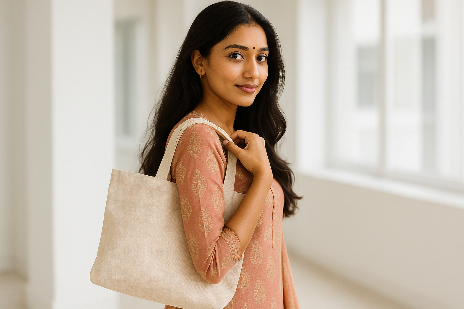 Indian Beautiful laidy carring Cotton Tote Bag in her shoulder